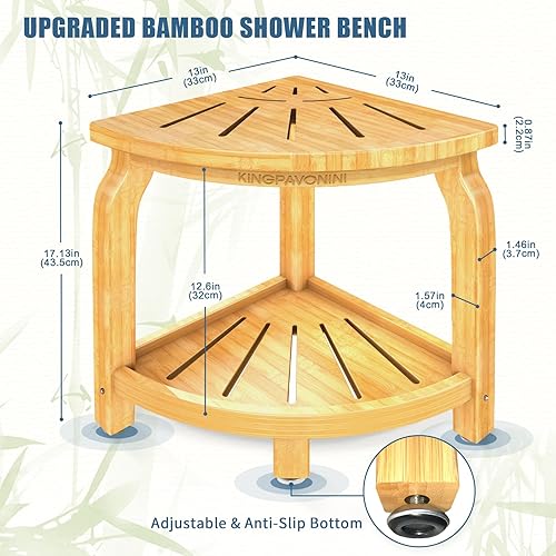 Miniatura 3 de KingPavonini Taburete de ducha esquinero de bambú para afeitarse las piernas, reposapiés, asiento de baño impermeable con estante de almacenamiento