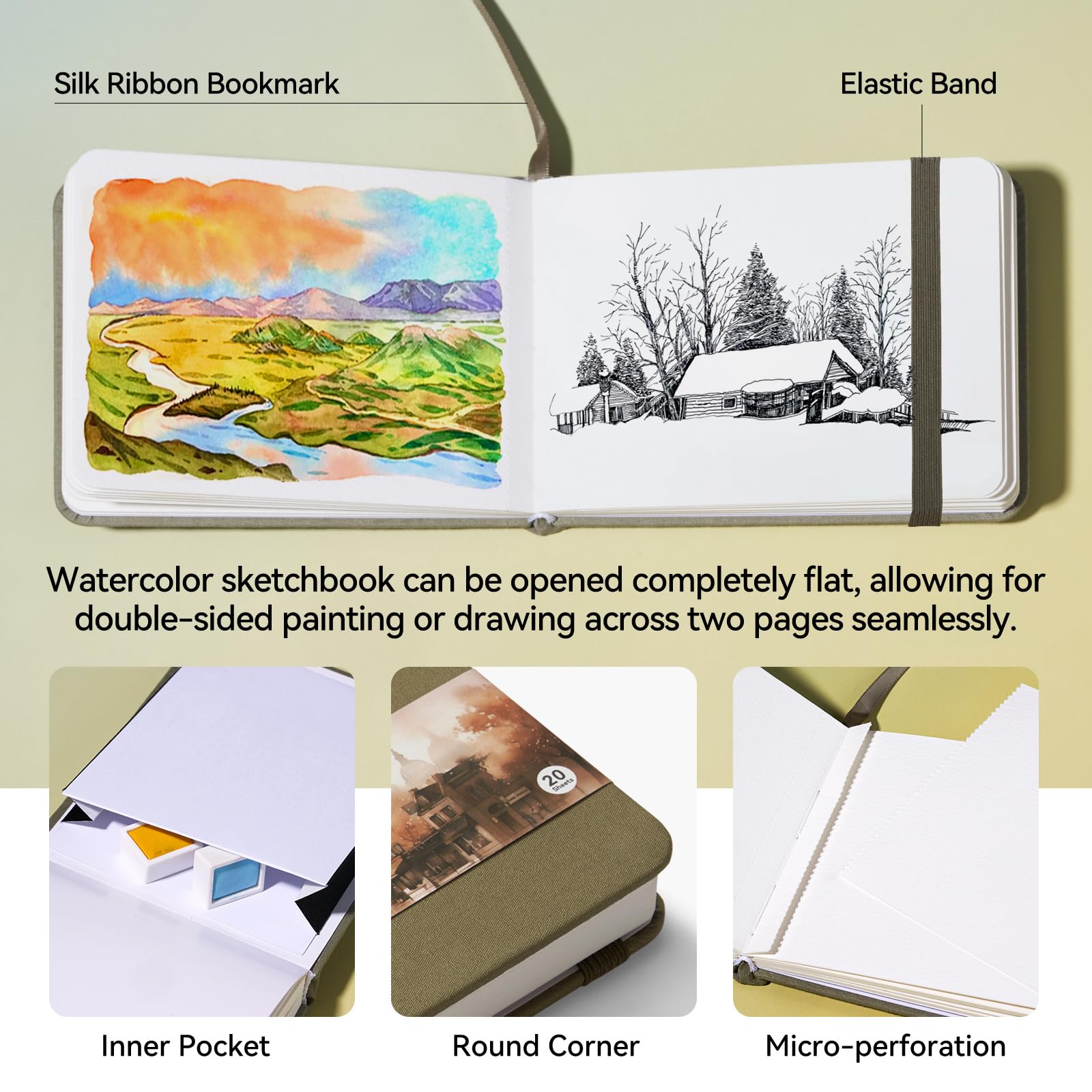 Lightwish Watercolor Sketchbook, 100% Cotton Cold Press Art Supplies Watercolor Paper Journal 3.8 * 5.1In, 20 Sheets (140lb/300gsm), Acid-Free for Watercolors, Gouache, Acrylics