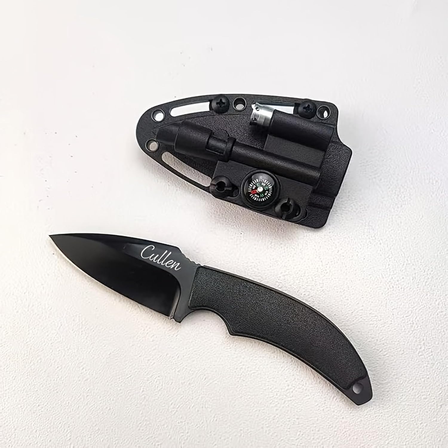 Custom Engraved Outdoor Straight Knife with Flashlight, Flint & Compass, Portable Multi-Functional Camping Tool, Personalized Gift for Men, Perfect Present for Birthday, Anniversary, Father's Day (Black)