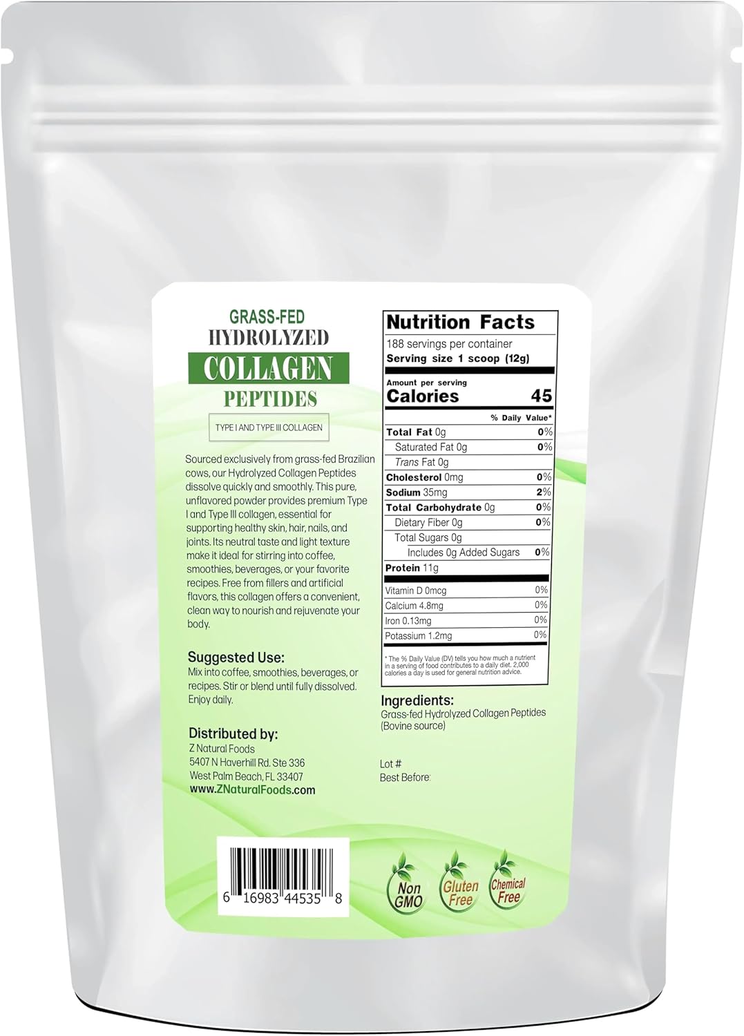Z Natural Foods Collagen Peptides Powder - Grass-Fed Hydrolyzed Collagen Type 1 and Type 3 Unflavored - for Skin, Hair, Nails & Joints - Keto & Paleo Friendly (5 Pounds)