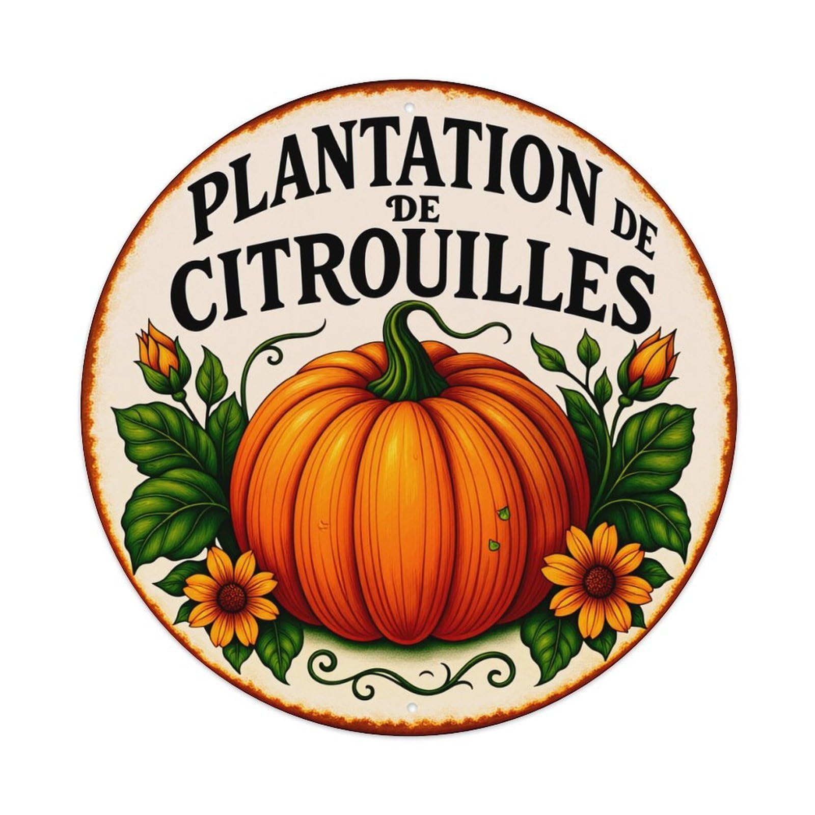 Pumpkin Leaves Flowers Vine Sign Round Tin Sign Vintage Style Metal Sign Home Bar Garden Wall Plaque Decor Metal Poster 8x8 Inch