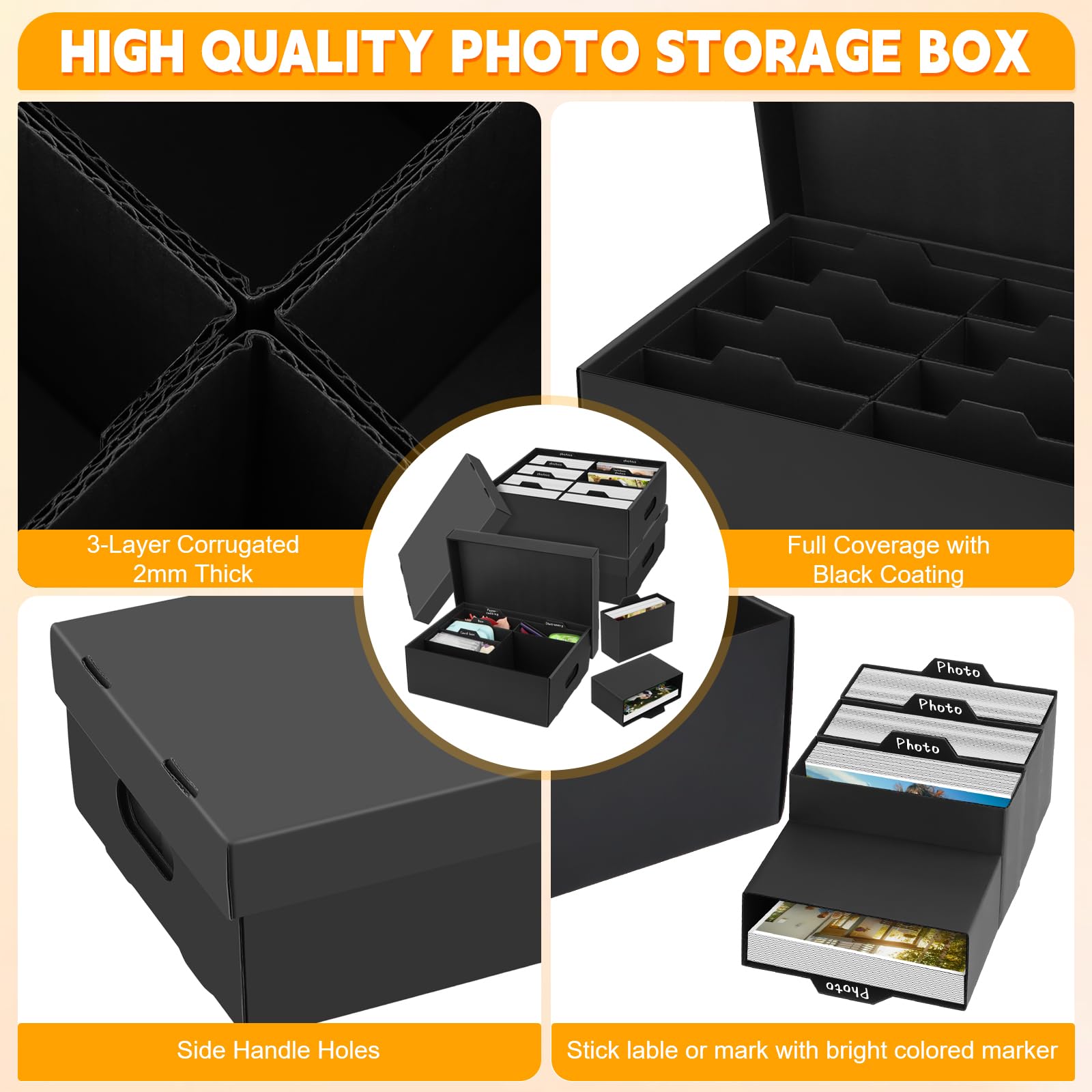 3 Stück Fotoaufbewahrungsbox, Fotobox Aufbewahrungsbox mit Deckel für 13x18 cm Fotos, Aufbewahrungsboxen schwarz Fotoalben Foto-Organizer aus Pappe für Handwerk Stempel Foto