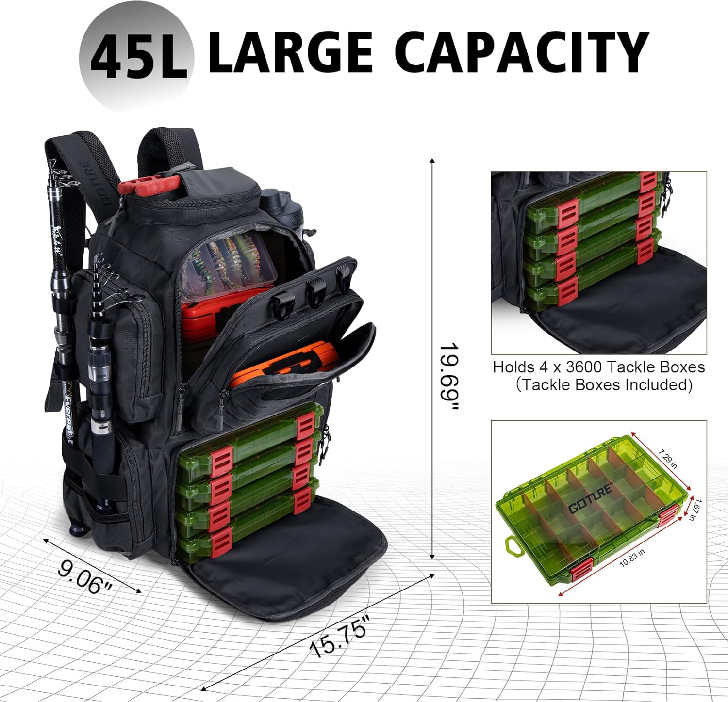 Goture Fishing Backpack with 4 Tackle Boxes,900D Water-Resistant Tackle Backpack with Rod Holders,45L Large Fishing Bag Storage Gear Tackle Bag with Rain Cover,Bottle Holder for Travel Camping Hiking