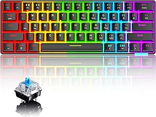 60% Mechanical Keyboard Wired/Wireless Bluetooth 5.0 Dual-mode Keyboard 61-Key RGB Rainbow LED Backlit USB Type-C Rechargeable Gaming Keyboard Anti-ghosting Keys for Gamers and Typists(Blue Switch)
