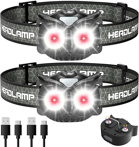 Lsnisni Paquete de 2 faros delanteros recargables para niños con luz roja, lámpara de cabeza para adultos y niños con 5 modos, linterna impermeable