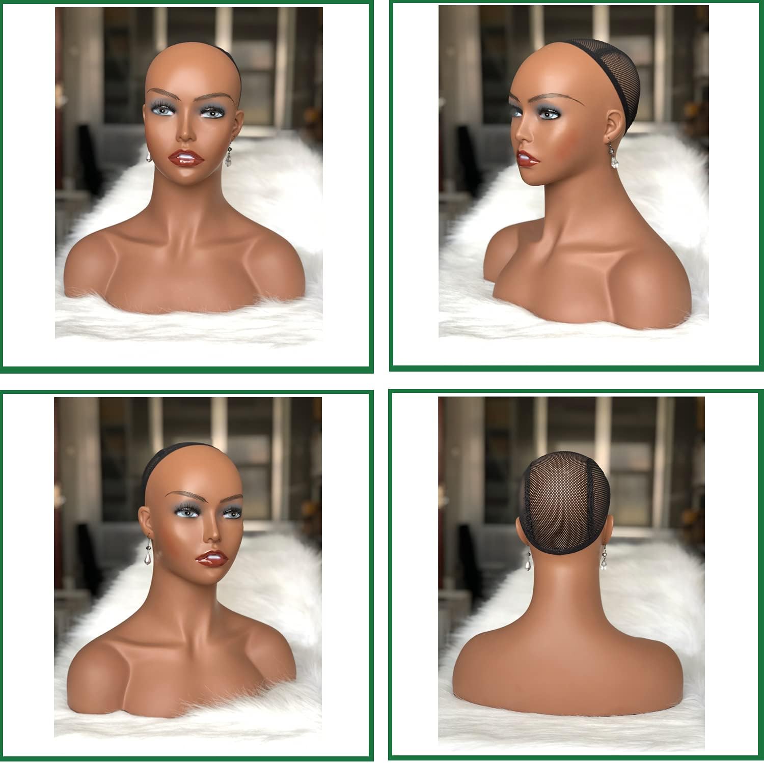 Realistic Female Mannequin Head with Shoulder Manikin PVC Head Bust Wig Head Stand with Makeup for Necklace Earrings Dark Brown Color