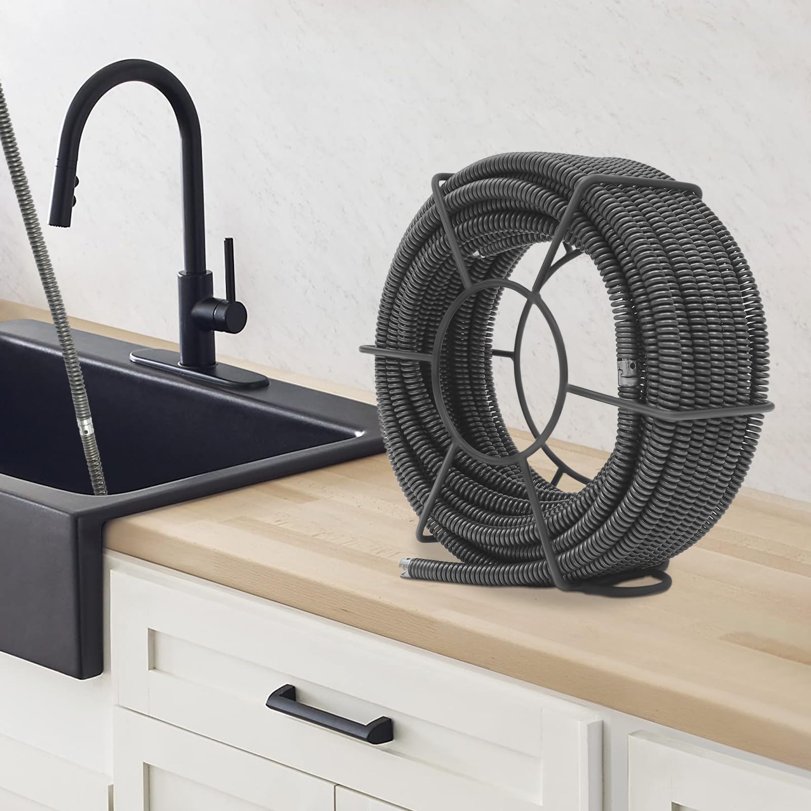 Espiral de limpieza de tuberías de 20 m, espiral flexible, con estante de almacenamiento para cocina, baño, contra obstrucciones en tuberías de desagüe