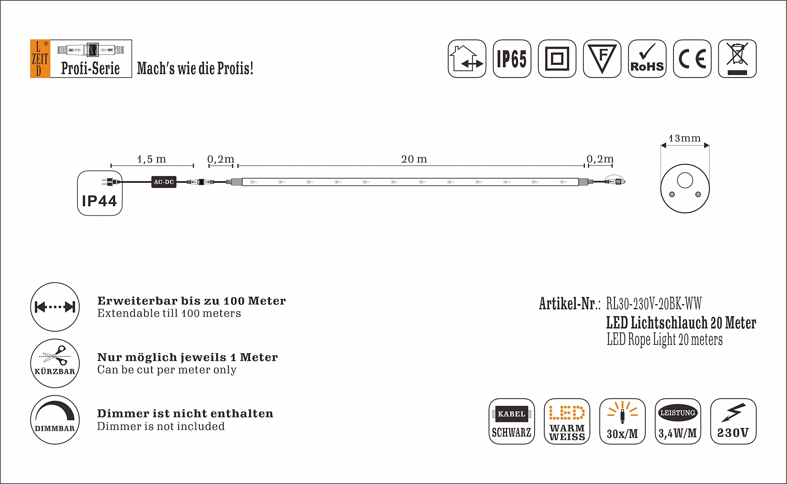 Profi Serie - Tubo luminoso LED 20 m con spina, esterno e interno, bianco caldo, dimmerabile, 230 V, impermeabile IP65, per balcone, terrazza, facciate, edifici, illuminazione commerciale