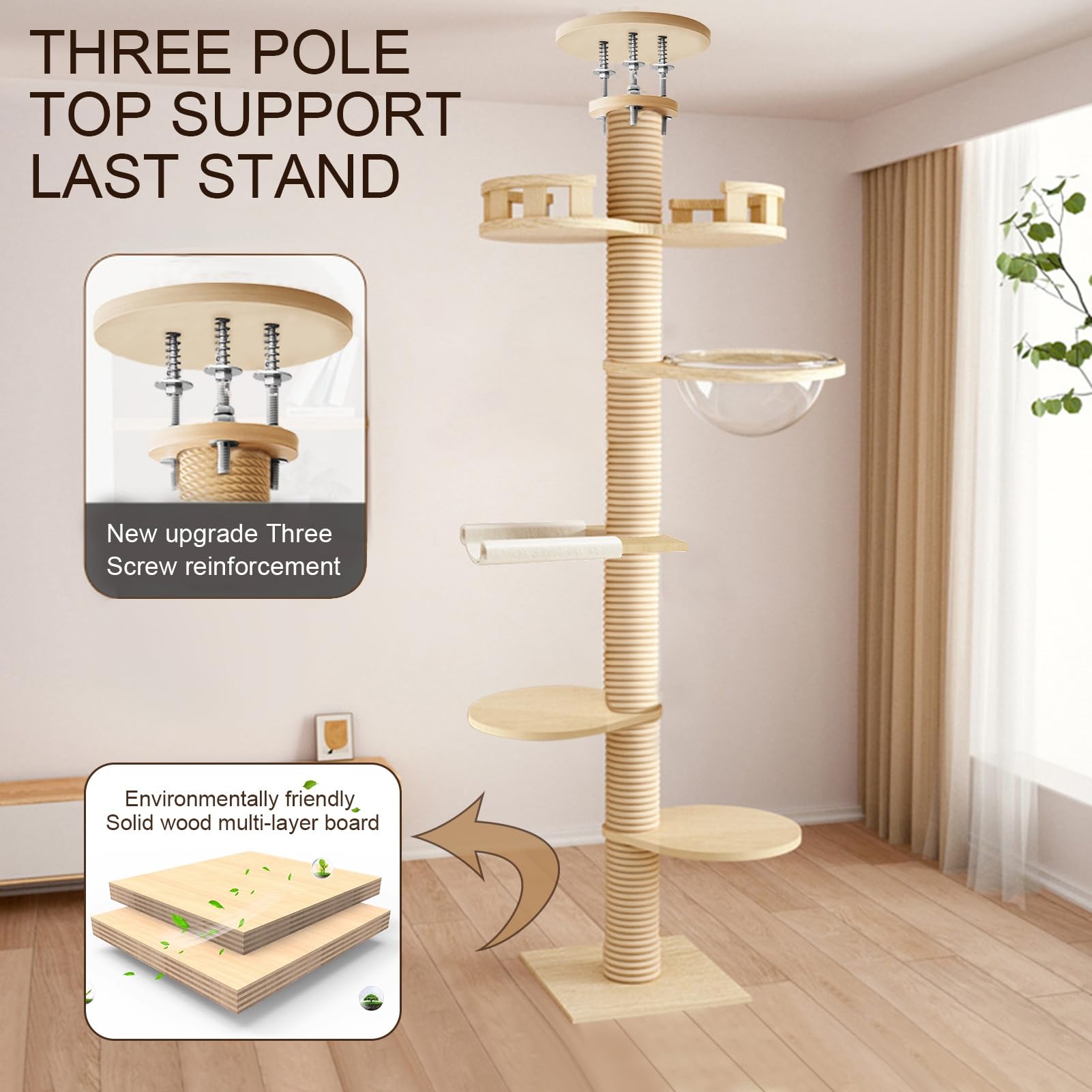 Árbol para gatos, torre moderna para gatos de suelo a techo, torre para gatos de altura ajustable con cuenco de hamaca, poste rascador de 6 niveles para gatos de interior, árbol de actividad