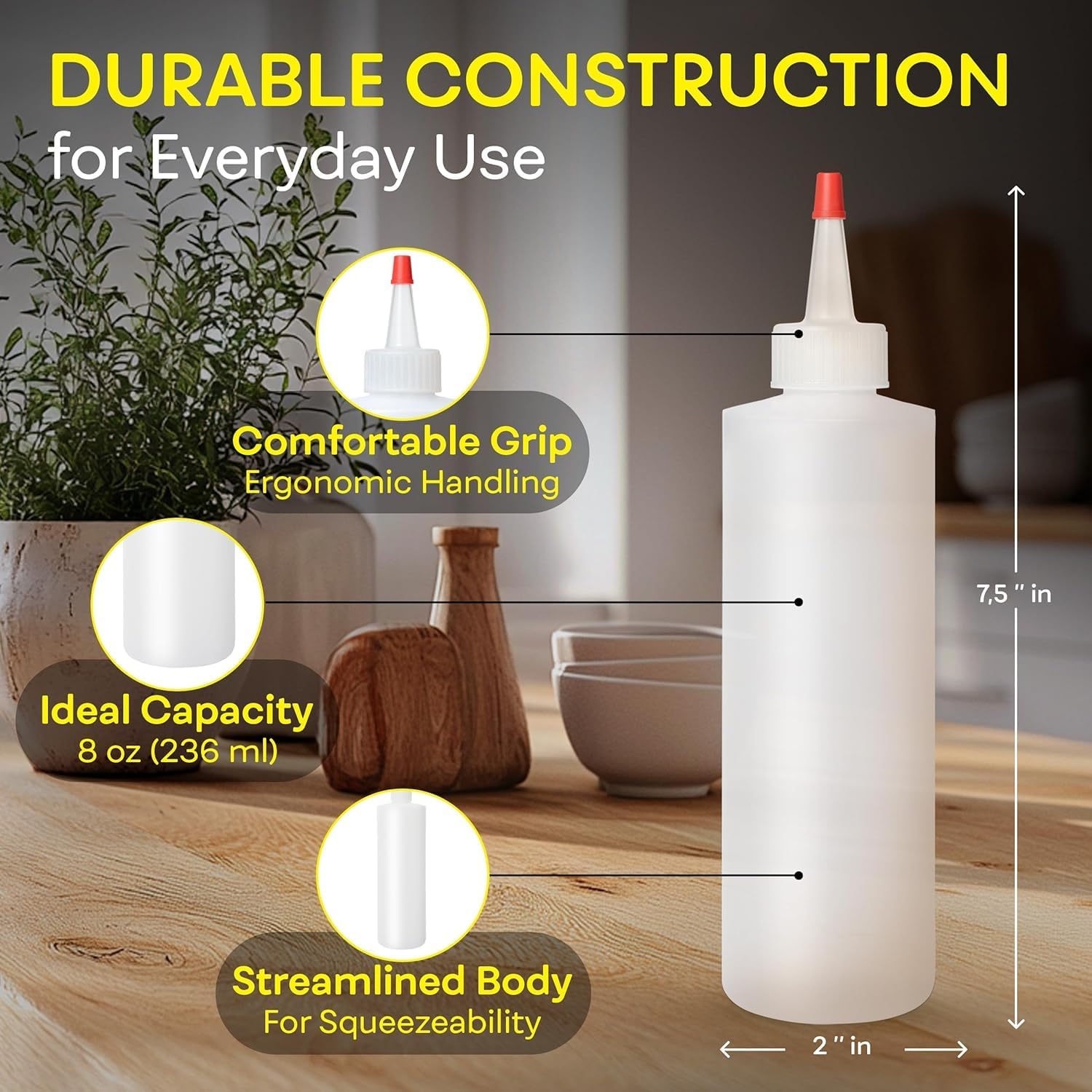 BRIGHTFROM Condiment Squeeze Bottles, 8 OZ Empty Squirt, Red Top Cap, Leak Proof - for Ketchup, Mustard, Syrup, Sauces, Dressing, Oil, Arts & Crafts, BPA FREE Plastic - Perfect for Kitchen - 1 PACK