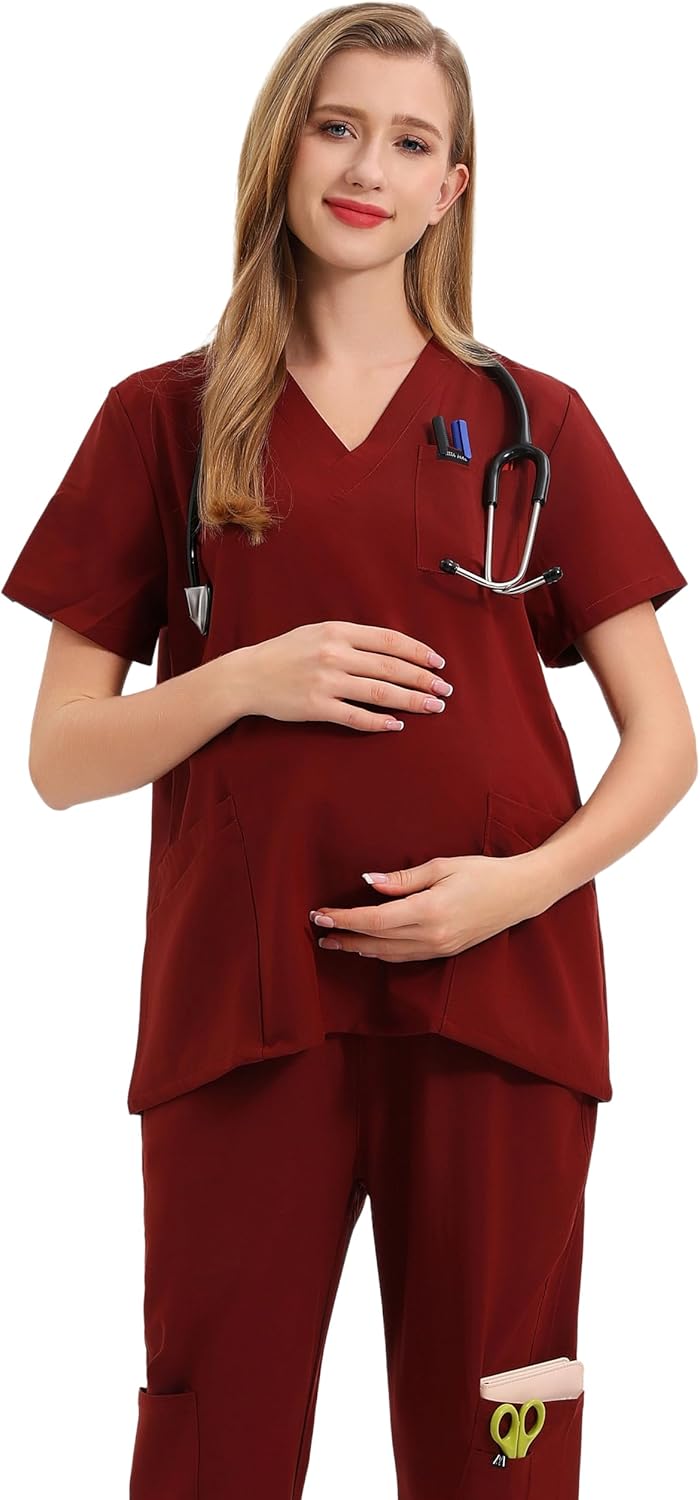 Maternity Scrubs Shirt for Women Doctor Uniform Short Sleeve Pregnant Nurse Scrub with Large Pockets