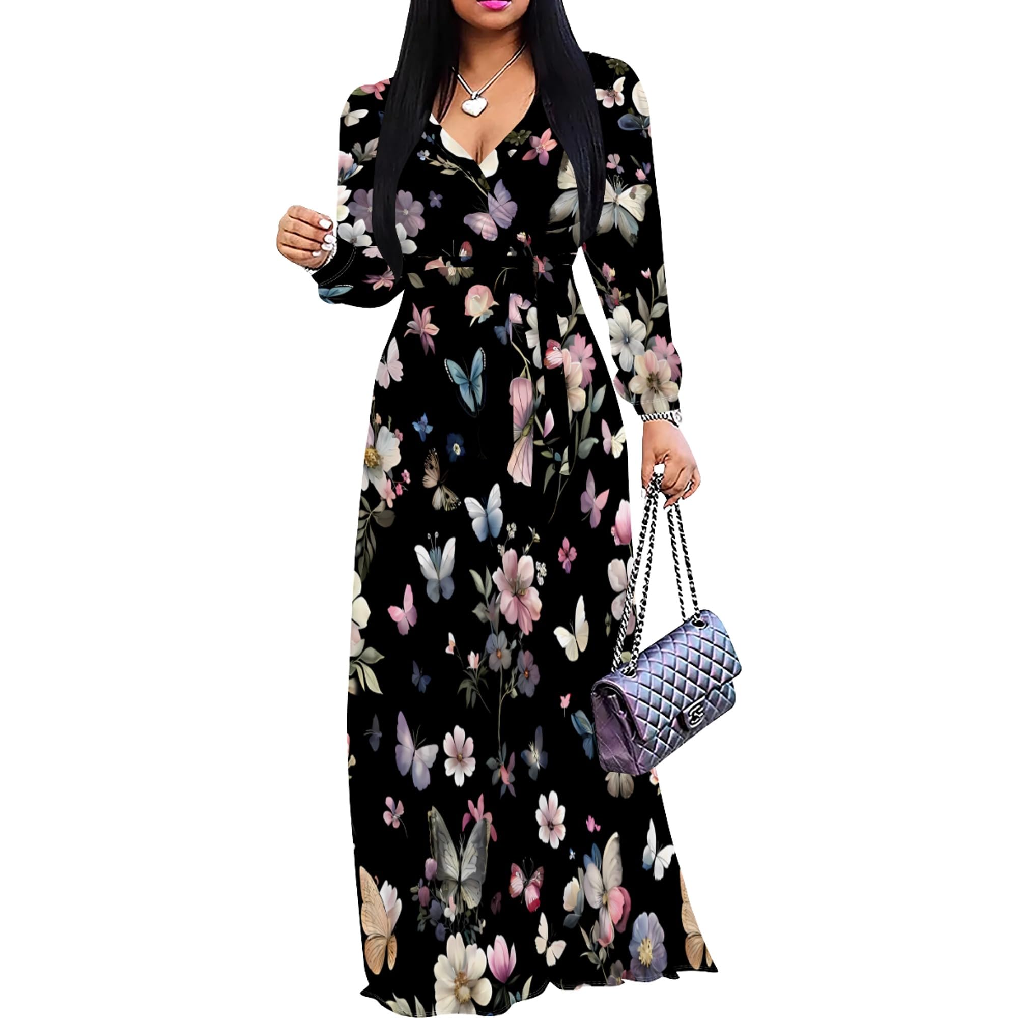 PinkPatty Women's Long Sleeve Maxi Dress Plus Size Trendy Wedding Guest Dress with Pockets&amp;Belt