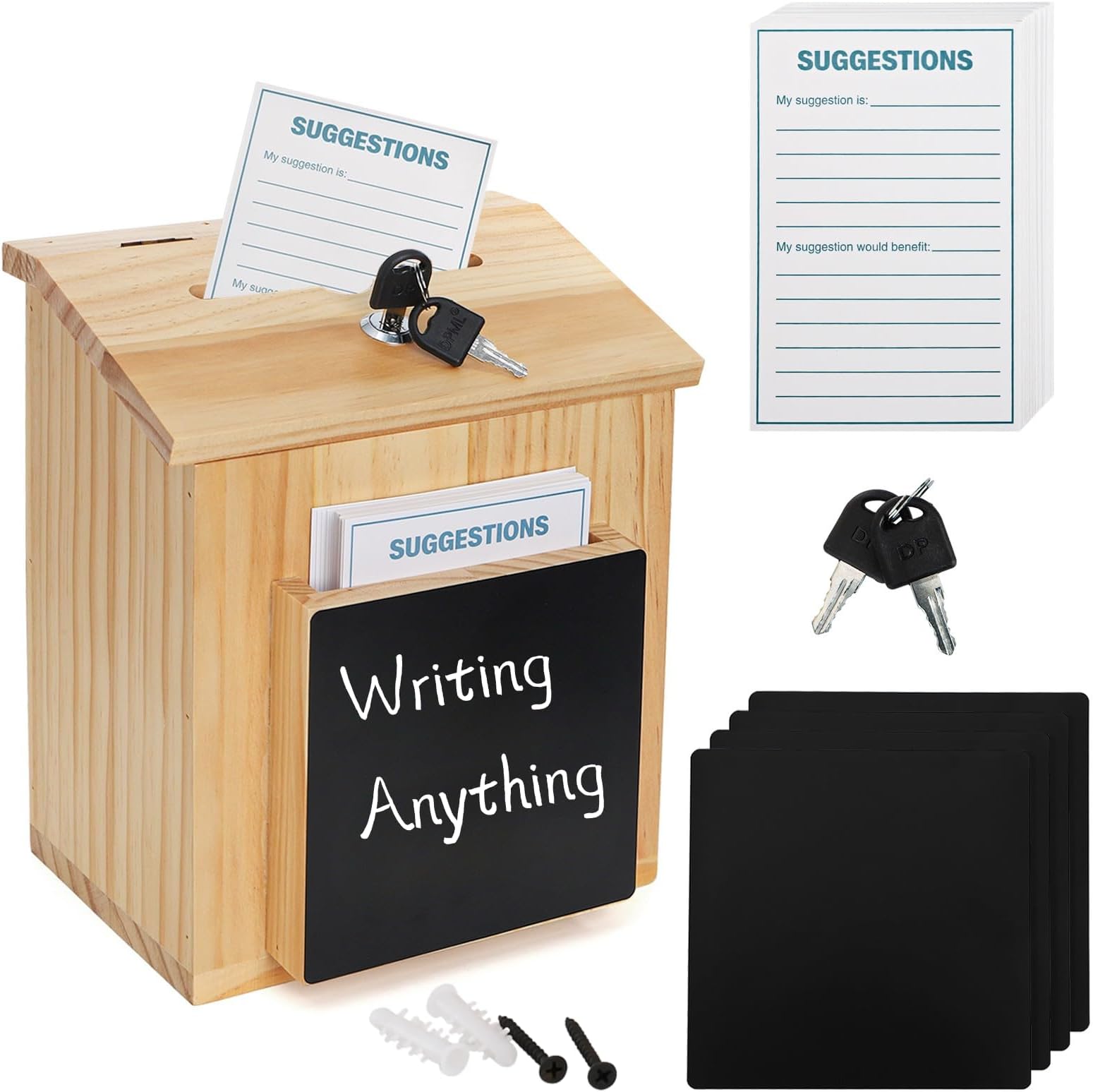 ZENFUN Wooden Suggestion Box with 50 Free Suggestion Cards, Natural Pinewood Ballot Comment Box Donation Box with Locking Hinged Lid for Countertop or Wall Mounted, 8.7'' x 5.8" x 9.8"