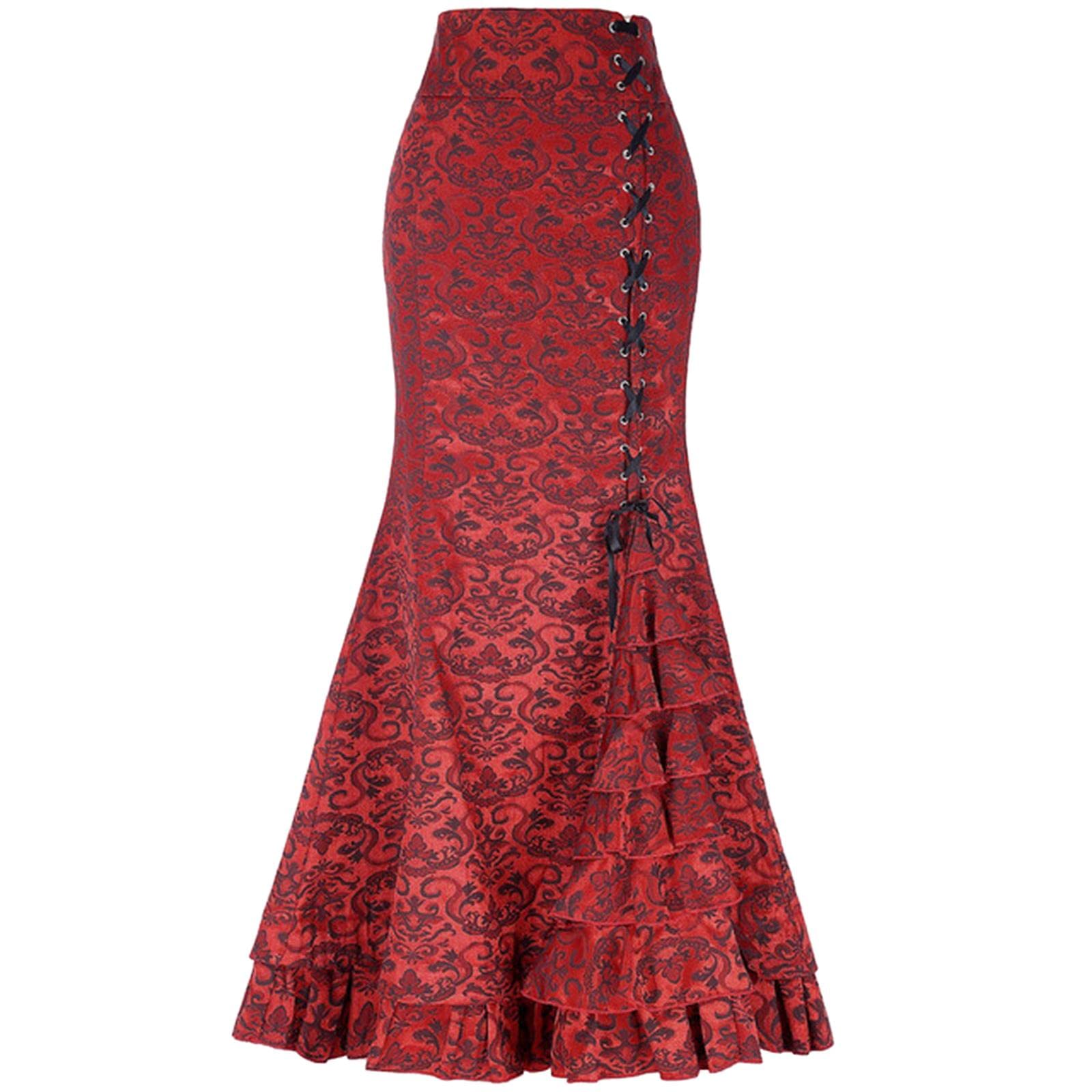Falda larga para mujer, con estampado floral, falda de cosplay, vestido largo vintage, disfraces elegantes de playa, cintura alta, medias faldas de fiesta, rosso, 36