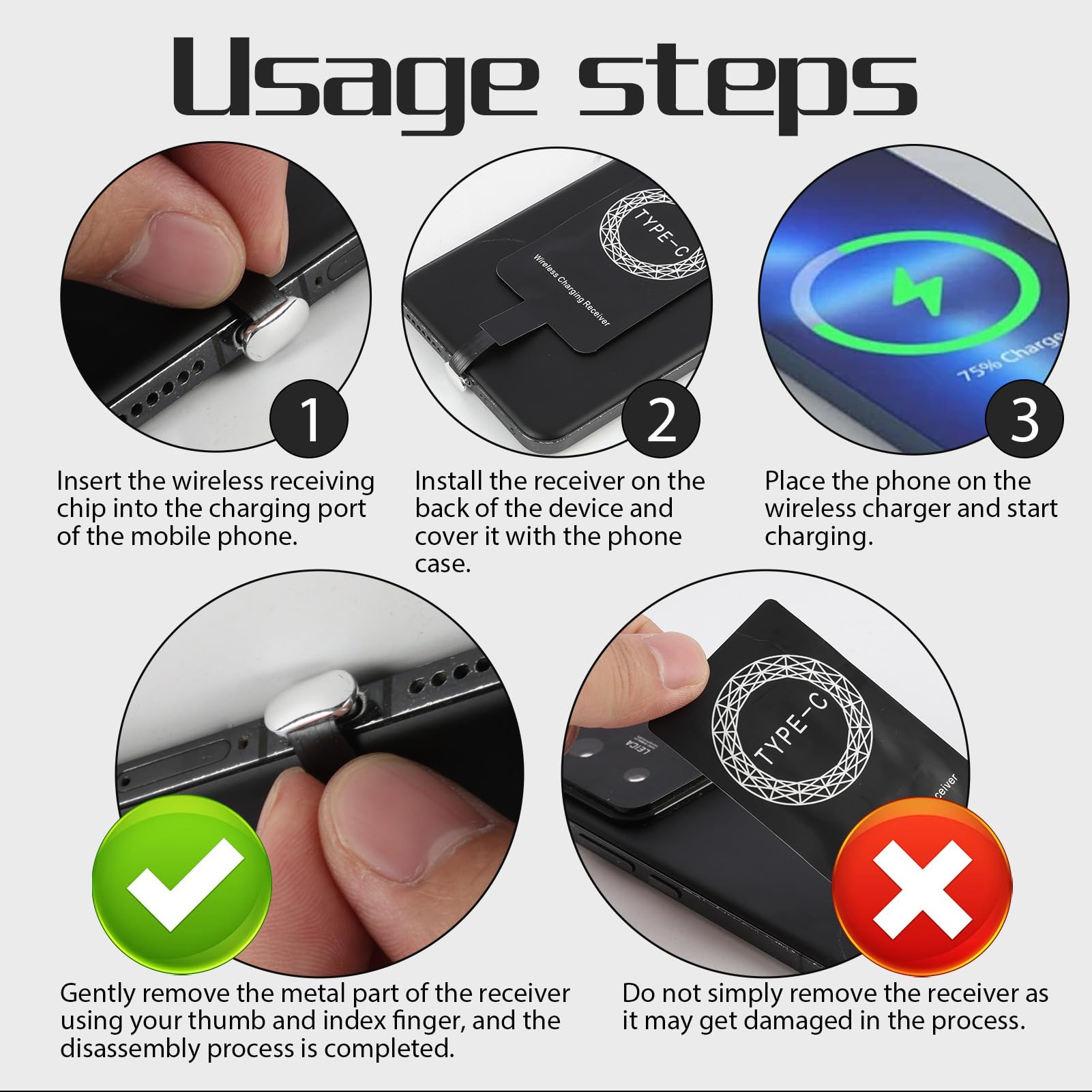 Ricevitore Qi USB C, Ricevitore Ricarica Wireless 5V 1000mA, Adattatore Universale di Ricarica Induzione Compatibile con Smartphone Samsung Galaxy, Huawei, Xiaomi, Google Pixel e altri, Ricarica