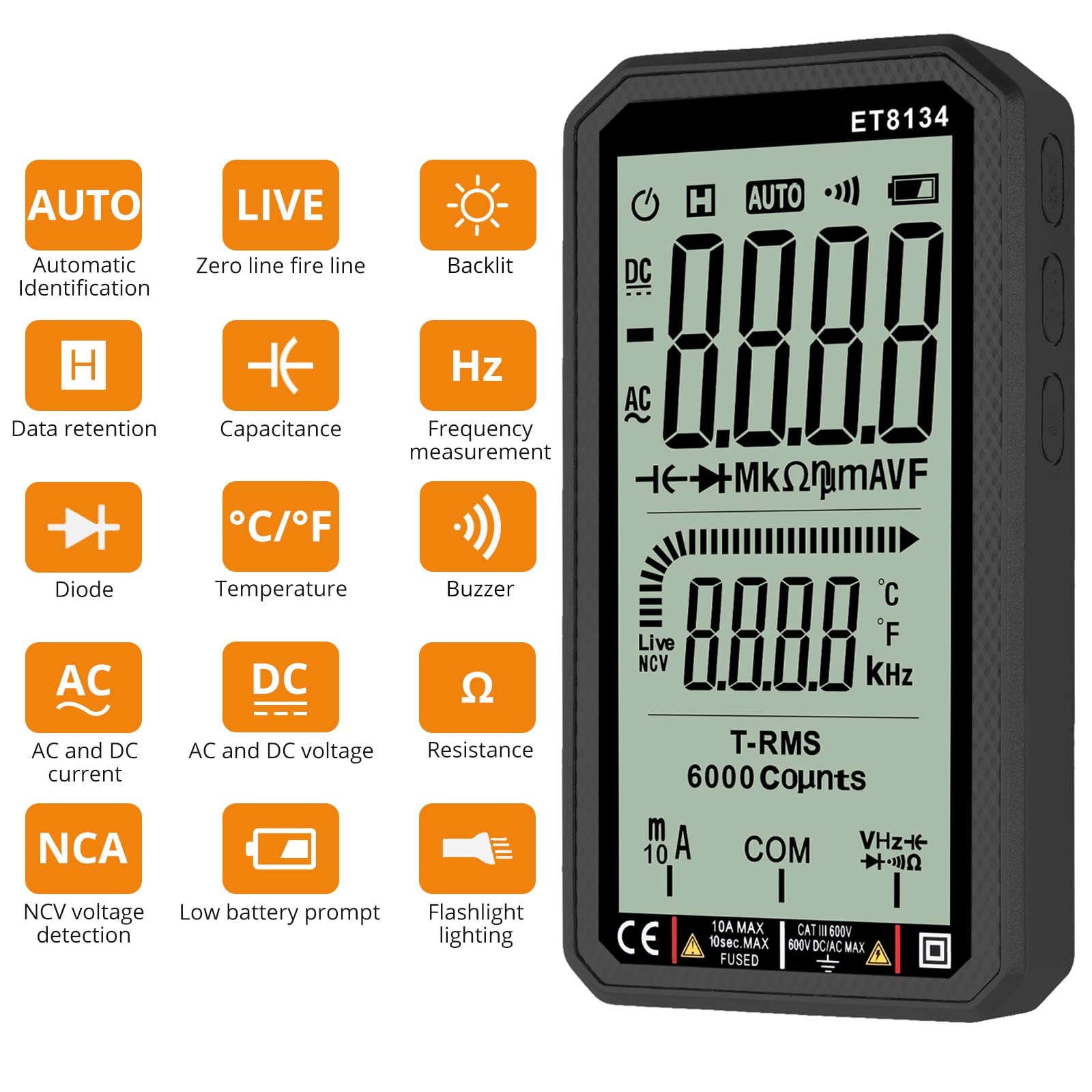 Neoteck Cyfrowy multimetr 6000 Counts True RMS LCD, duży ekran, multimetr, napięcie, woltomierz, temperatura, NCV diody