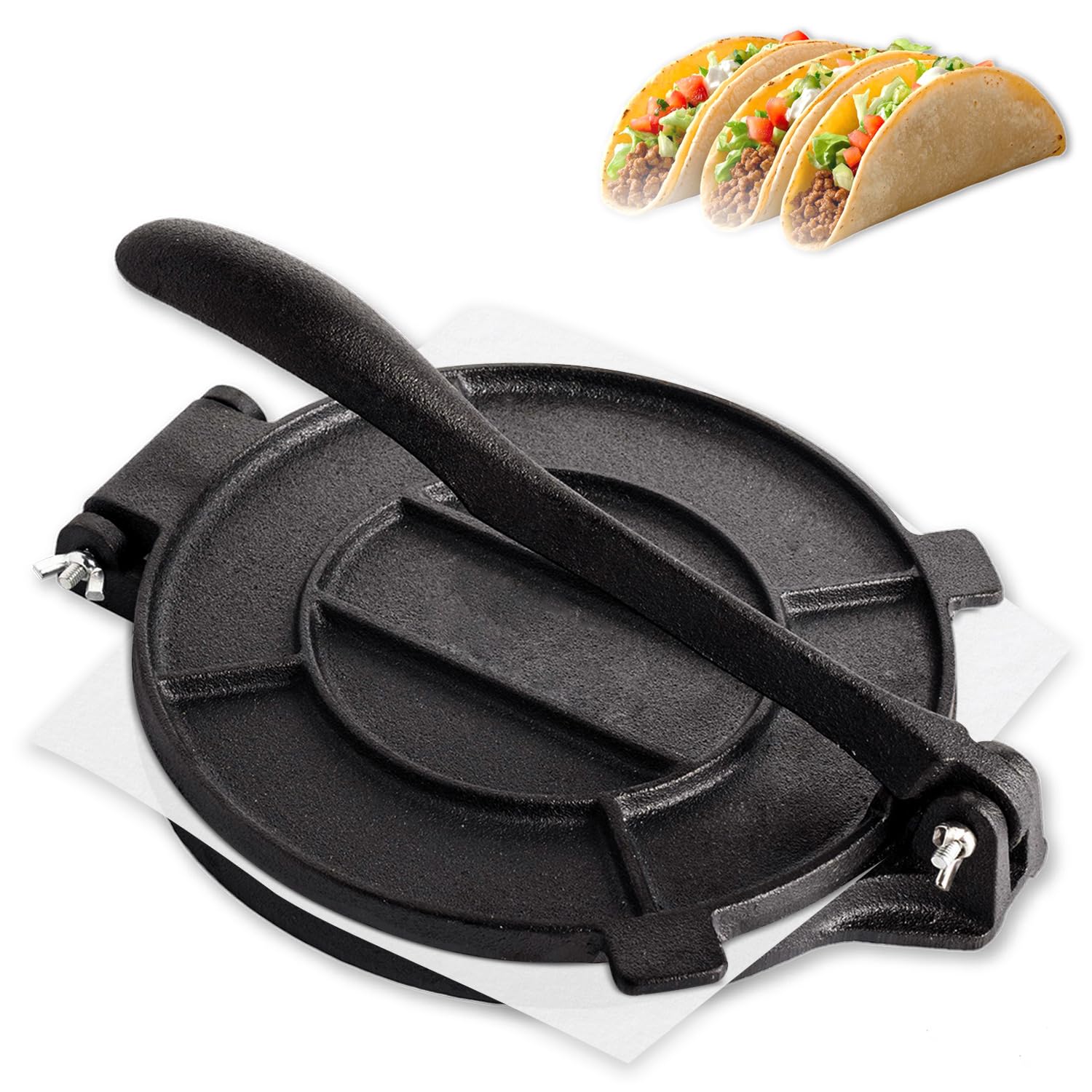Cast Iron Tortilla Press 12 inch, Heavy Duty Tortilla Pataconera, Flour Tortilla Press with Foldable Handle, Taco press with Some Parchment Paper, Roti Maker, Black