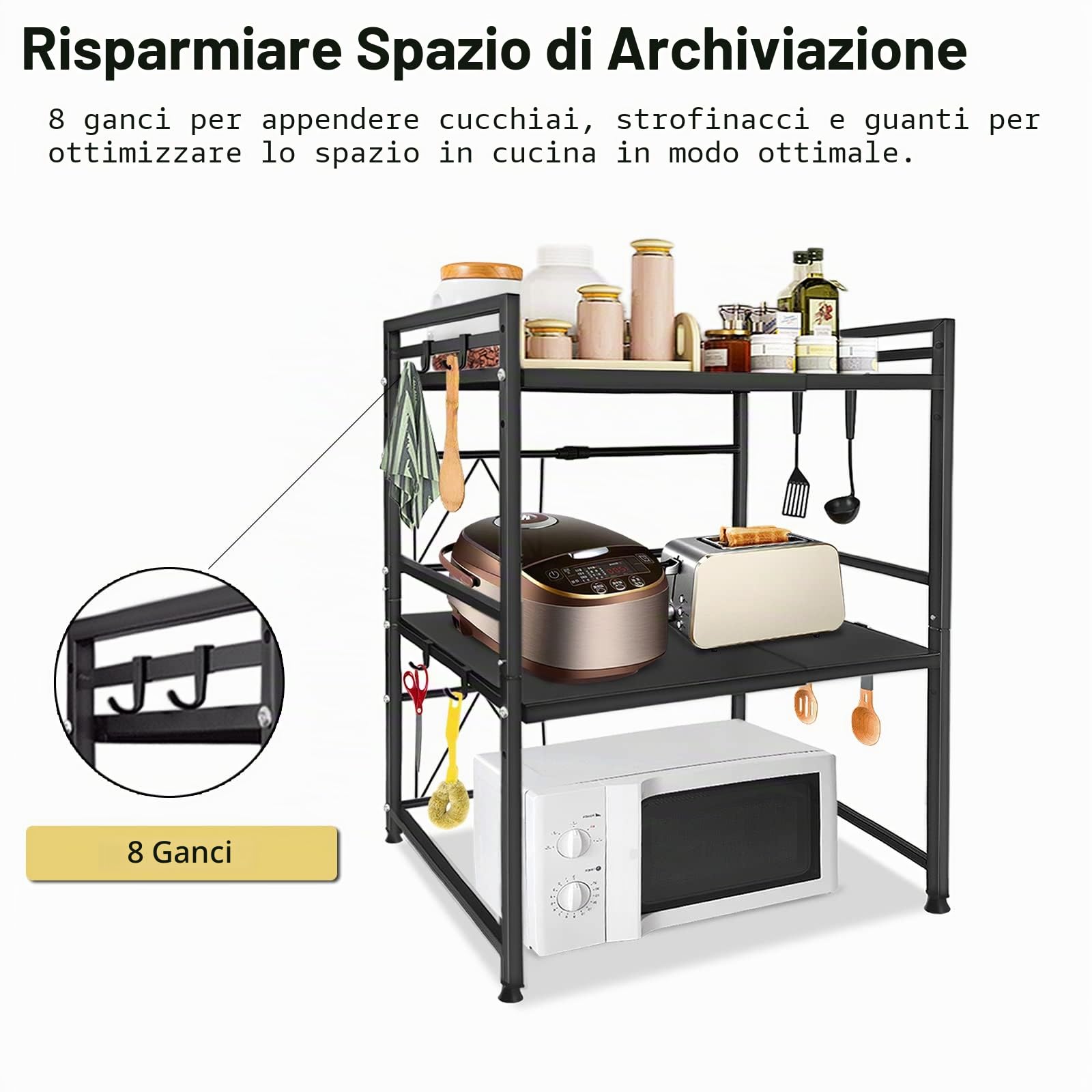 LARS360 Scaffale espandibile per microonde, supporto per microonde a 3 livelli, scaffale da cucina in acciaio al carbonio, portaoggetti per microonde per la cucina e l'archiviazione (nero), LARS