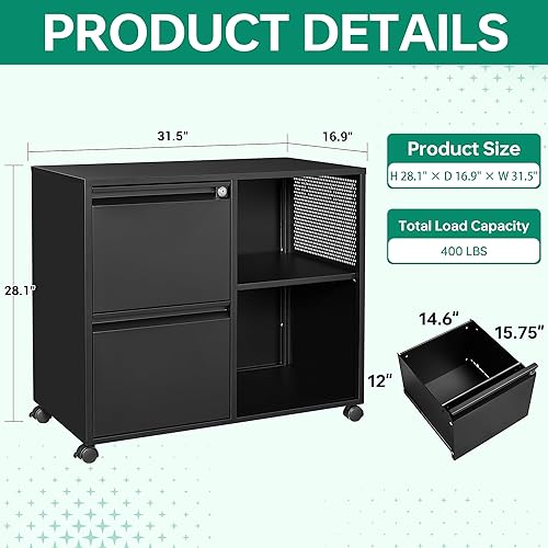 Miniatura 3 de Letaya Archivador móvil, soporte lateral de metal para impresora, archivador con estantes para oficina en casa, almacenamiento A4F4letralegal (negro)