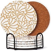 Talavera Coasters for Drinks Set of 6 with Holder Mexican Round Ceramic Stone Mat Absorbent Cielito Lindo Party Favor 3.9 Inch Round Boho Drink Coaster for Housewarming Room Bar Decor