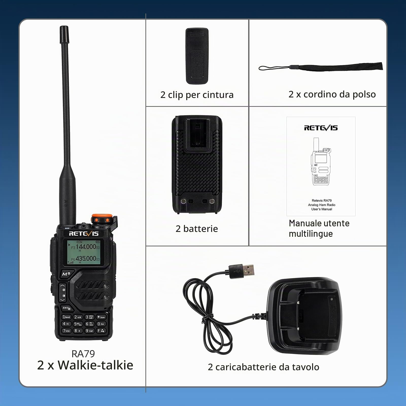 Retevis RA79 Walkie Talkie, Radioamatori Dual Band, per Caccia (2 Pezzi) | Batteria 1400mAh, 2m/70cm/FM/AM, Supporto VFO/CPS/Chirp, Radio Bidirezionale per Caccia, Viaggi