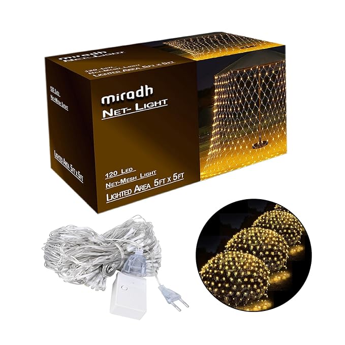 MIRADH Led Net Mesh String Lights - Diwali Lights for Decoration for Home Diwali Lights for Home Decoration led Lights for Ganesh Puja 5ft x 5ft 120 LEDs (8 Mode Warm-White)