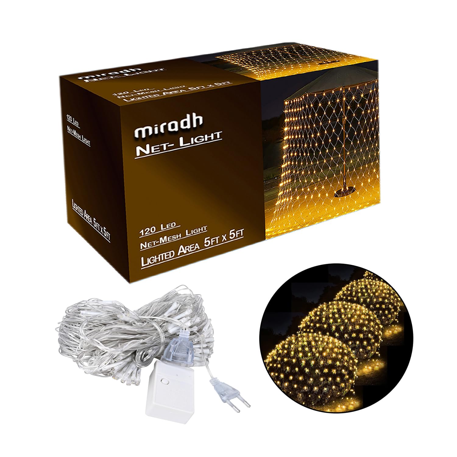 MIRADH Led Net Mesh String Lights - Diwali Lights for Decoration for Home Diwali Lights for Home Decoration led Lights for Ganesh Puja 5ft x 5ft 120 LEDs (8 Mode Warm-White)