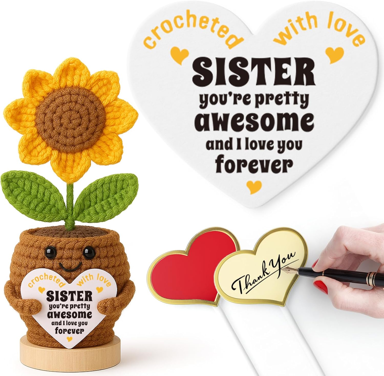 Sister Christmas Birthday Gifts from Sis Brother, Best Sister Ever Gift for Women, Xmas Stocking Stuffer Wedding Gifts for Big Little Sisters in Law, Positive Crochet Sunflower