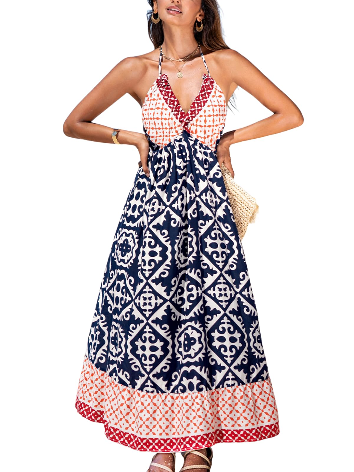 CUPSHE Women's Backless Beach Dress Halter Neck Ruffle Plunge V Neck Sleeveless Maxi Sundress Summer Dresses