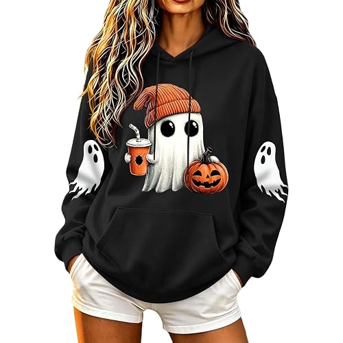 Halloween Hoodies for Women Cute Ghost Graphic Hooded Sweatshirt