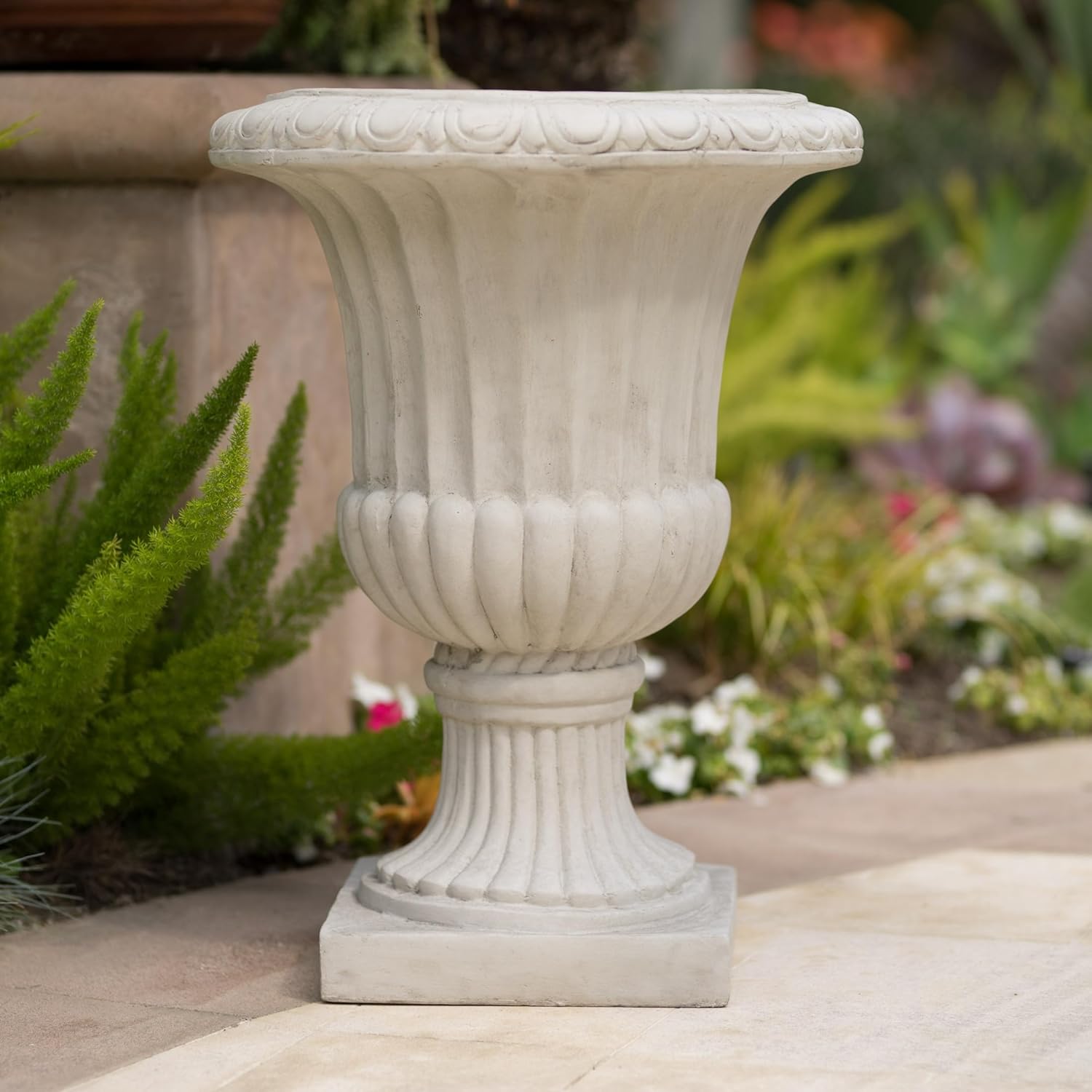 Antique White Outdoor Urn Planter for Garden Patio or Indoor Decor, Large Magnesium Oxide Planter Urn with Drainage, Elegant Italian Style Flower Pot