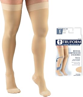 Truform 15-20 mmHg Compression Stockings for Men and Women, Thigh High Length, Dot Top, Closed Toe, Beige, Large