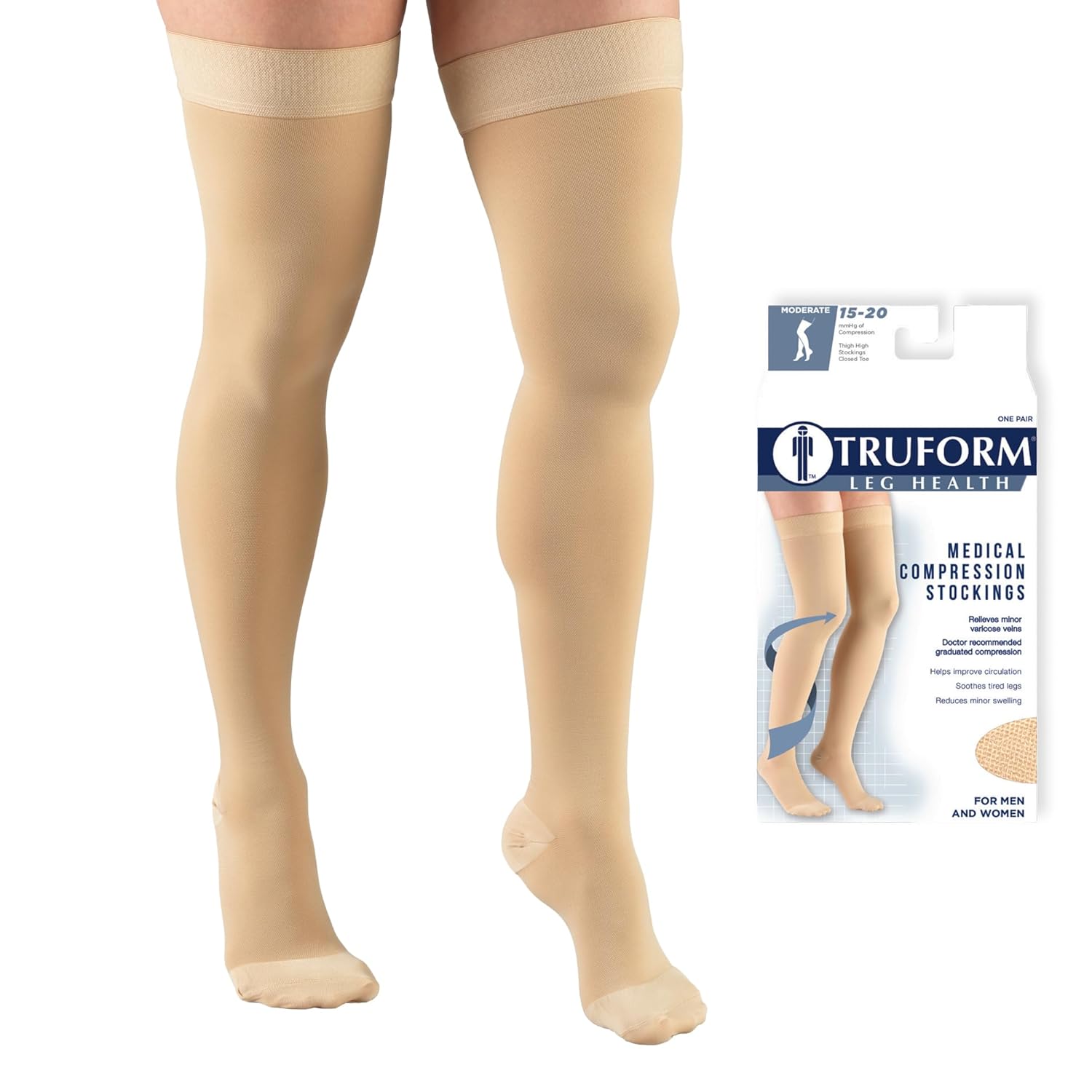 Truform 15-20 mmHg Compression Stockings for Men and Women, Thigh High Length, Dot Top, Closed Toe, Beige, Medium