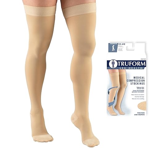 Truform Medias de compresión de 15-20 mmHg para hombres y mujeres, longitud alta hasta el muslo, parte superior de punto, punta cerrada, beige,