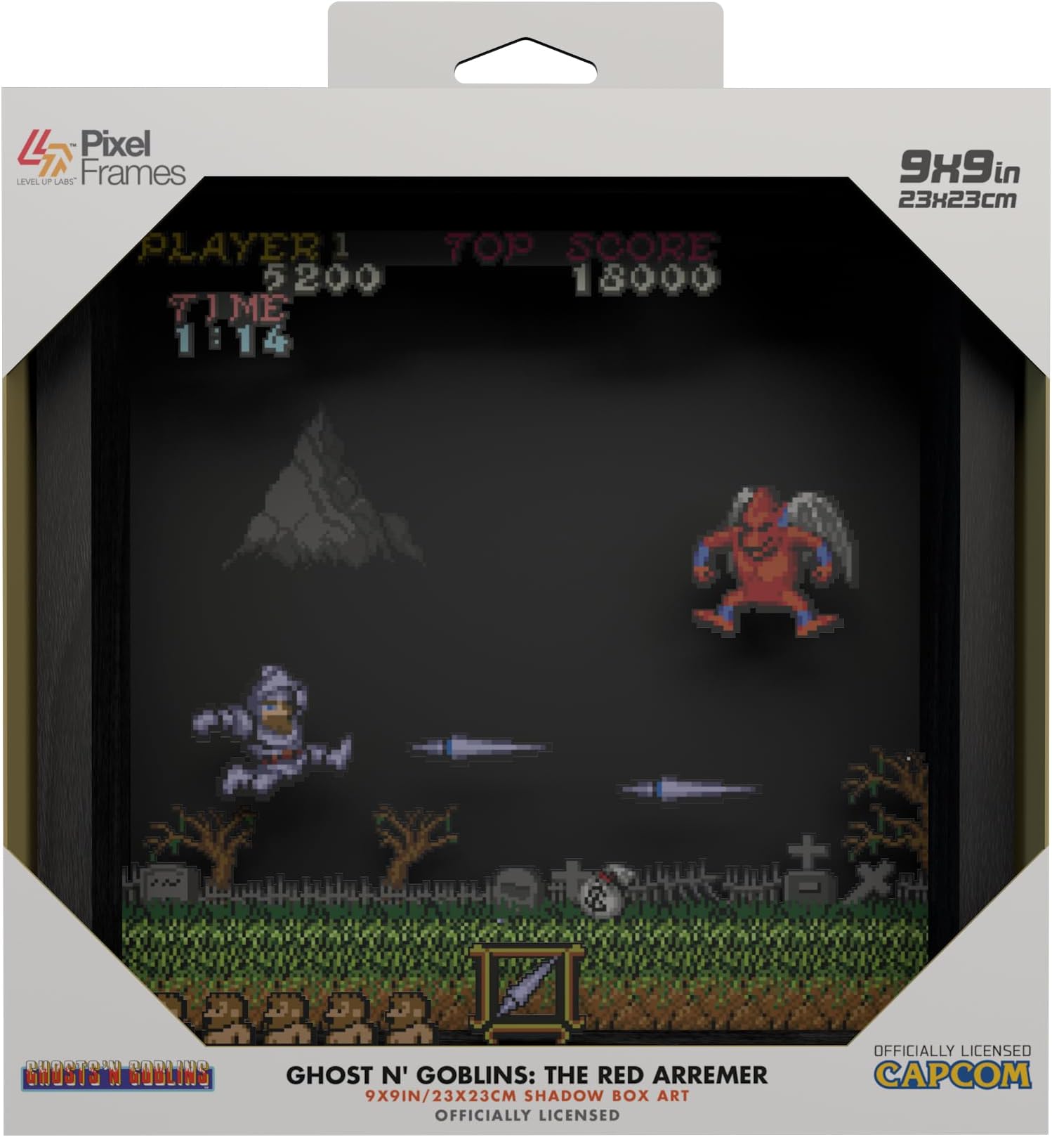 Level Up Labs Pixel Frames: Ghost N' Goblins: The Red Arremer - 3D Shadow Box - Framed Decor for Wall, Home, Shelf, Game Poster Art Collectibles, Boys Girls Teen Room Decoration - 9" x 9"