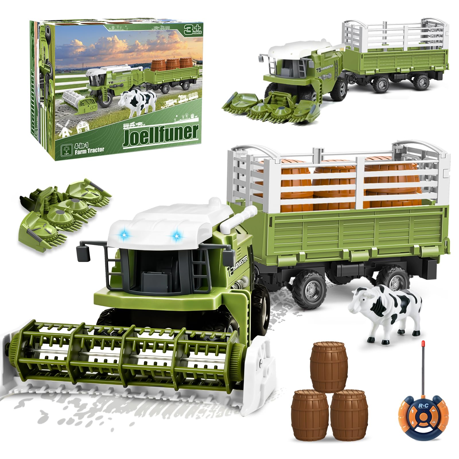 Joellfuner RC Mähdrescher Spielzeug, Ferngesteuert Mähdrescher für Kinder, Mähdrescher Spielzeug Ferngesteuert mit Anhänger, Licht, Kuh, RC Traktor Spielzeugs, Weihnachten Geschenk für Kinder ab 3+