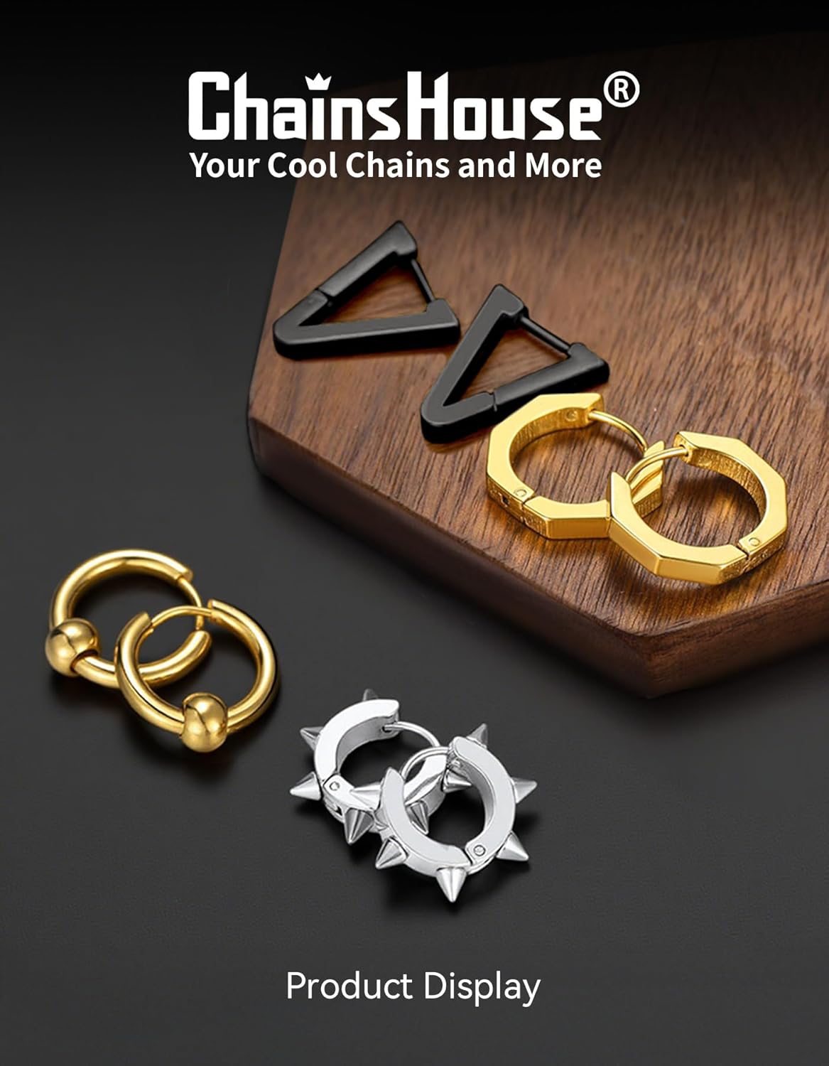 ChainsHouse Stud Earrings for Men Women,316L Stainless Steel/14K Gold/Black Plated Metal, Punk Hypoallergenic Surgical Huggie Hoop Earrings Mens Jewelry Piercing Hoop Earrings