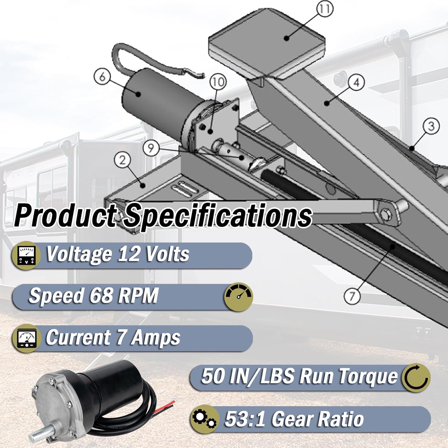 RV Electric Rear Stabilizer Jack Motor Replaces 352338, 113407, 138445, 178562, 162307, 337199, 369774, 298707, K01285-C800, K01285C800, K01531A800, K01531-A800