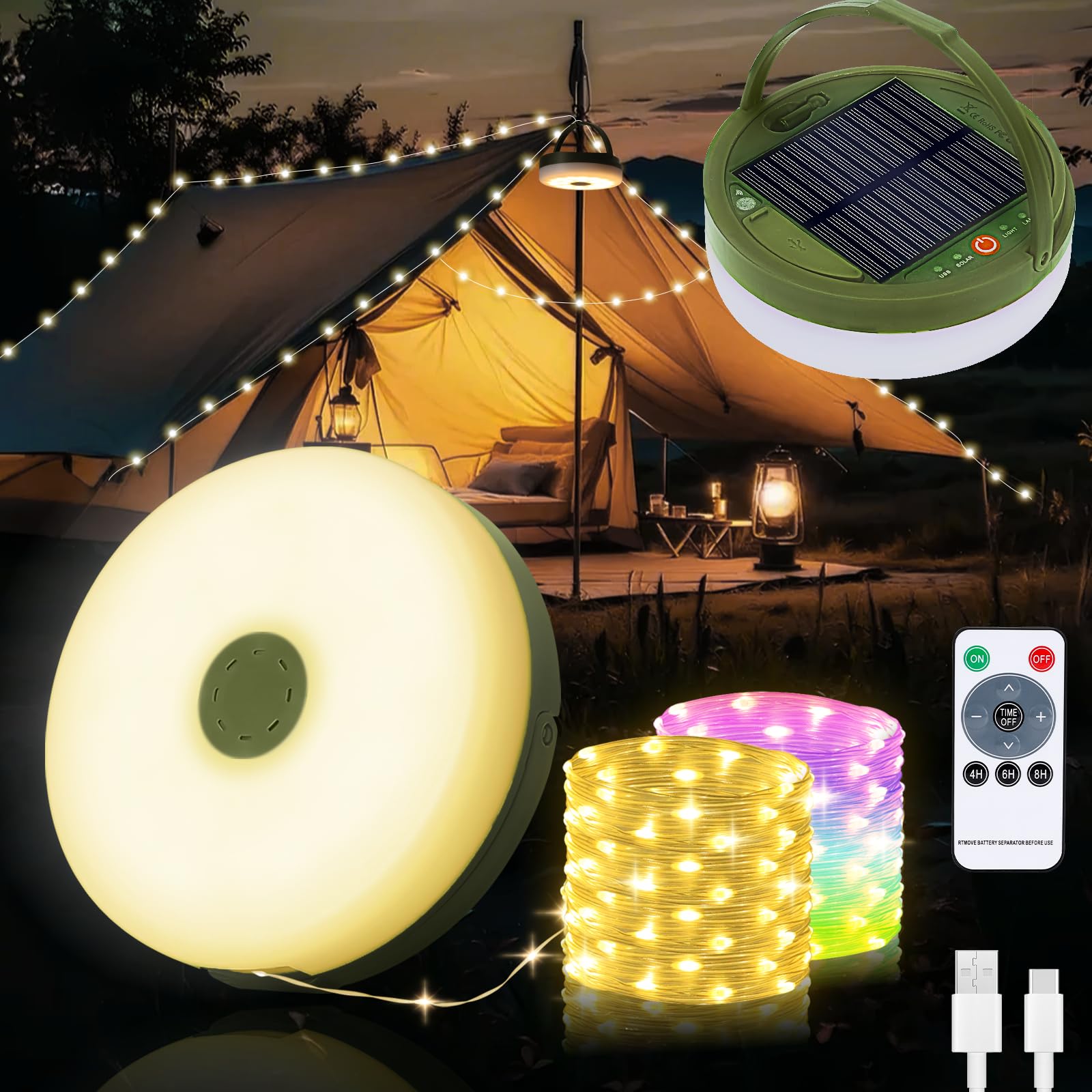 Yizhet 10m Solar Aufrollbare 2 in 1 Lichterkette mit 8 Beleuchtungsmodi - Tragbare Wiederaufladbare LED für Camping, Wandern und Hofdeko (Warmweiß & Farbig)