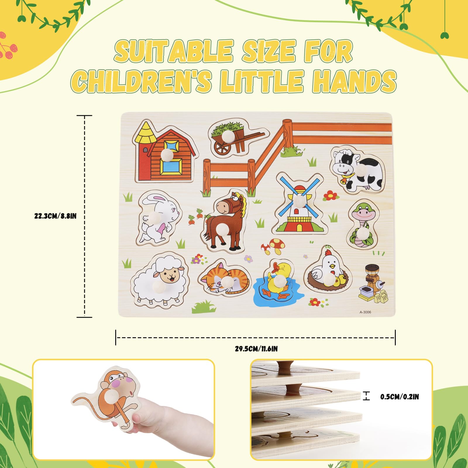 Puzzle con Bottoni in Legno per Bambini, 6 Pezzi Montessori Puzzle, Giocattolo Educativo Regalo per Bambini Ragazzi Ragazze
