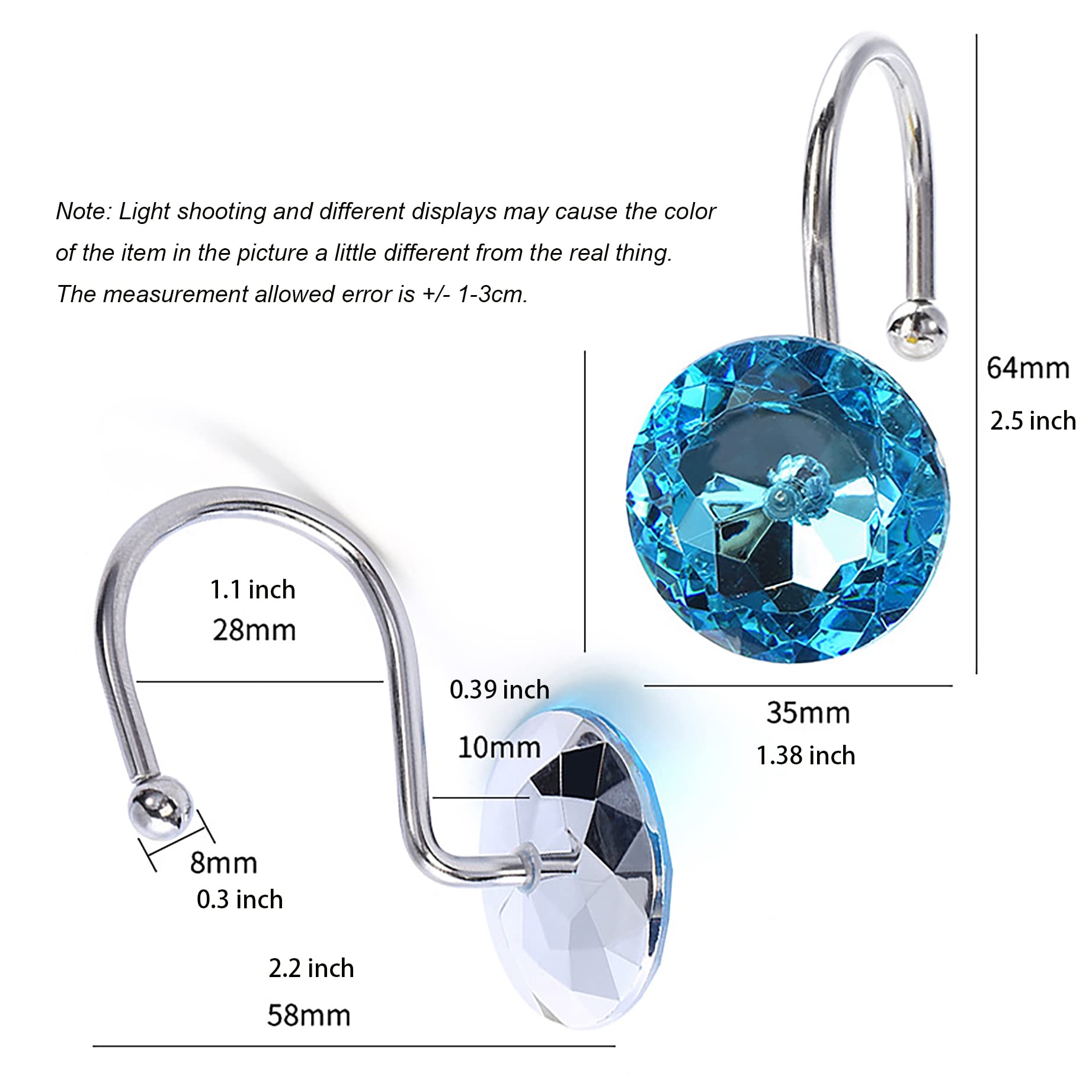 Shower Curtain Hooks Rings 12Pcs Crystal Rolling Shower Curtain Hooks, Stainless Steel Rust Proof Decorative Window Shower Hooks Hangers for Bathroom, Living Room, Towels (Crystal Blue, 12)