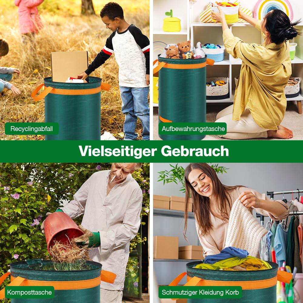 Eurhomewit 3 Gartenabfallsack 120L Laubsack Gartensack mit Deckel und Griffen, Groß Stabile Gartensäcke Laubsammler, Selbststehend Abfallsack Stabil Grünschnittsäcke für Gras Laub Hecke Gartenabfall