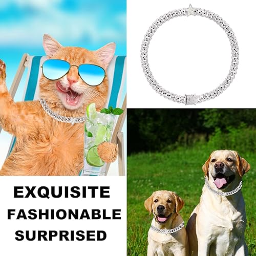 Vista 2 de Collar cubano para perro, collar de cadena de metal con diseño de hebilla segura, cadena dorada para mascotas, collar cubano de cristal para perros