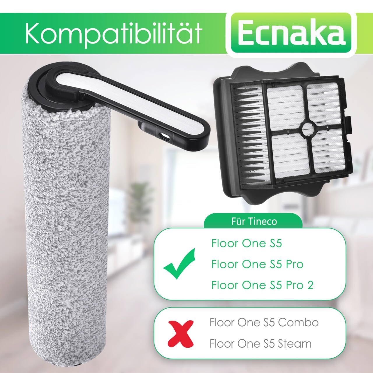 6 Stück Bürstenrolle Zubehör Ersatzteile für Tineco Floor One S5/S5 Pro/S5 Pro 2/S5 Extreme Nass- und Trockensauger(2 Bürstenwalze + 4 HEPA-Filter)
