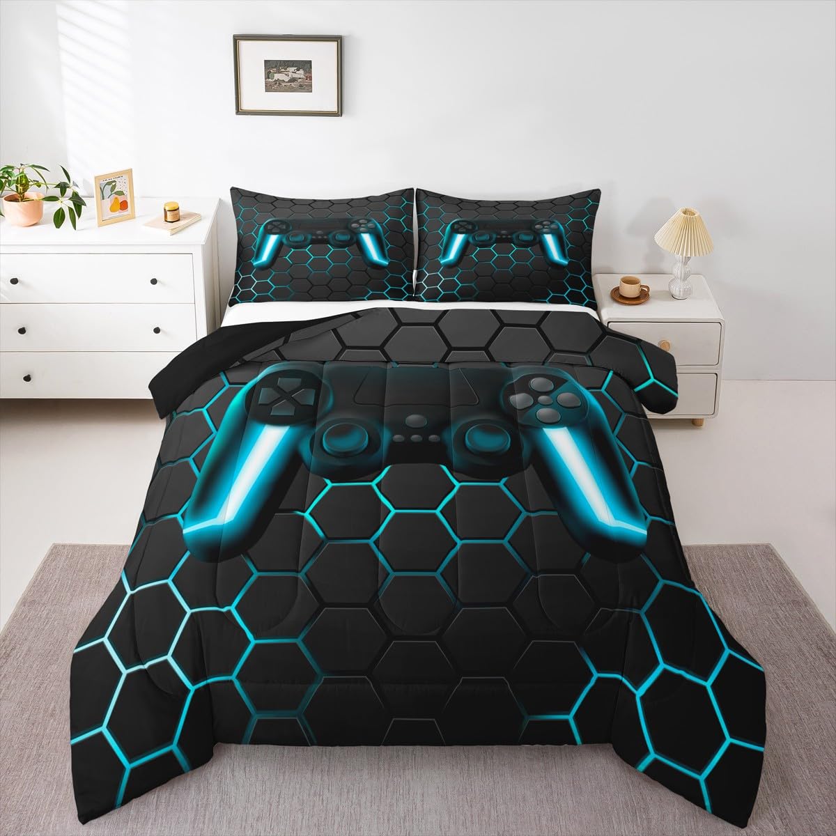 Gaming Comforter for Boys Teens Game Bedding Sets Twin,Kids Gamer Comforter Set Game Home Decor,Soft Neon Lights Gamepad Duvet Insert All Season Hexagon Quilt Comforter with 1 Pillowcase, Blue Grey