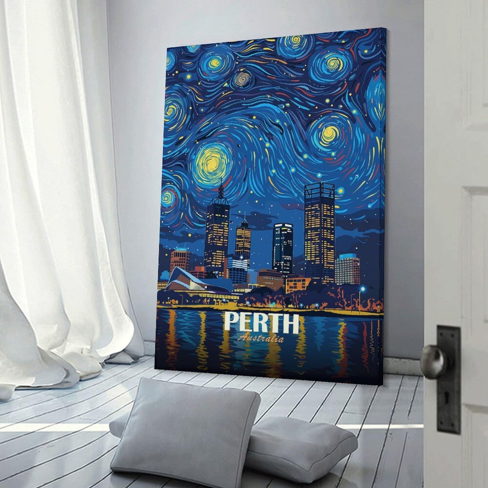 Junmoney Perth Australia Starry Night Cityscape Hanging Wall Art 20x30inch(50x75cm), for Bedroom Walls, Guest Spaces Or Lounges, An Easy Wall Refresh for Bedrooms