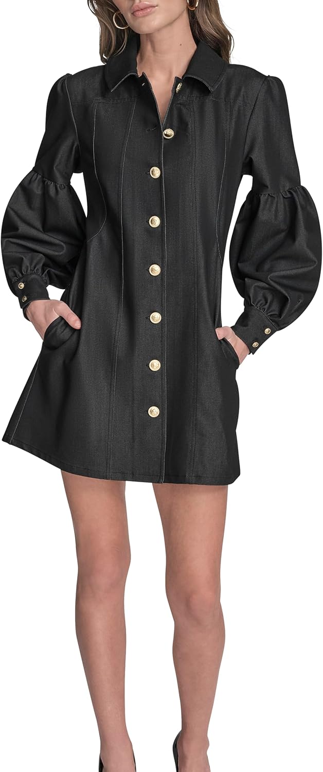 BCBG Womens Long Sleeve Button Front Collared Denim A-line Mini Dress - Image 2
