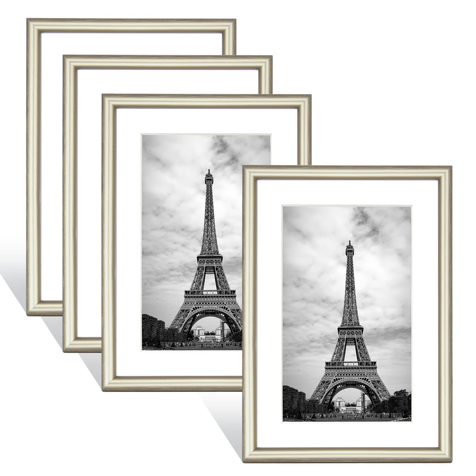 5x7 Picture Frame Champagne Brushed Thin Modern Metal Set of 4, for Horizontal & Vertical Desk and Wall Mounting, Aluminum Floating Photo Frames Fits 4x6 with Mat or 5 X 7 without Mats (4 Pack)