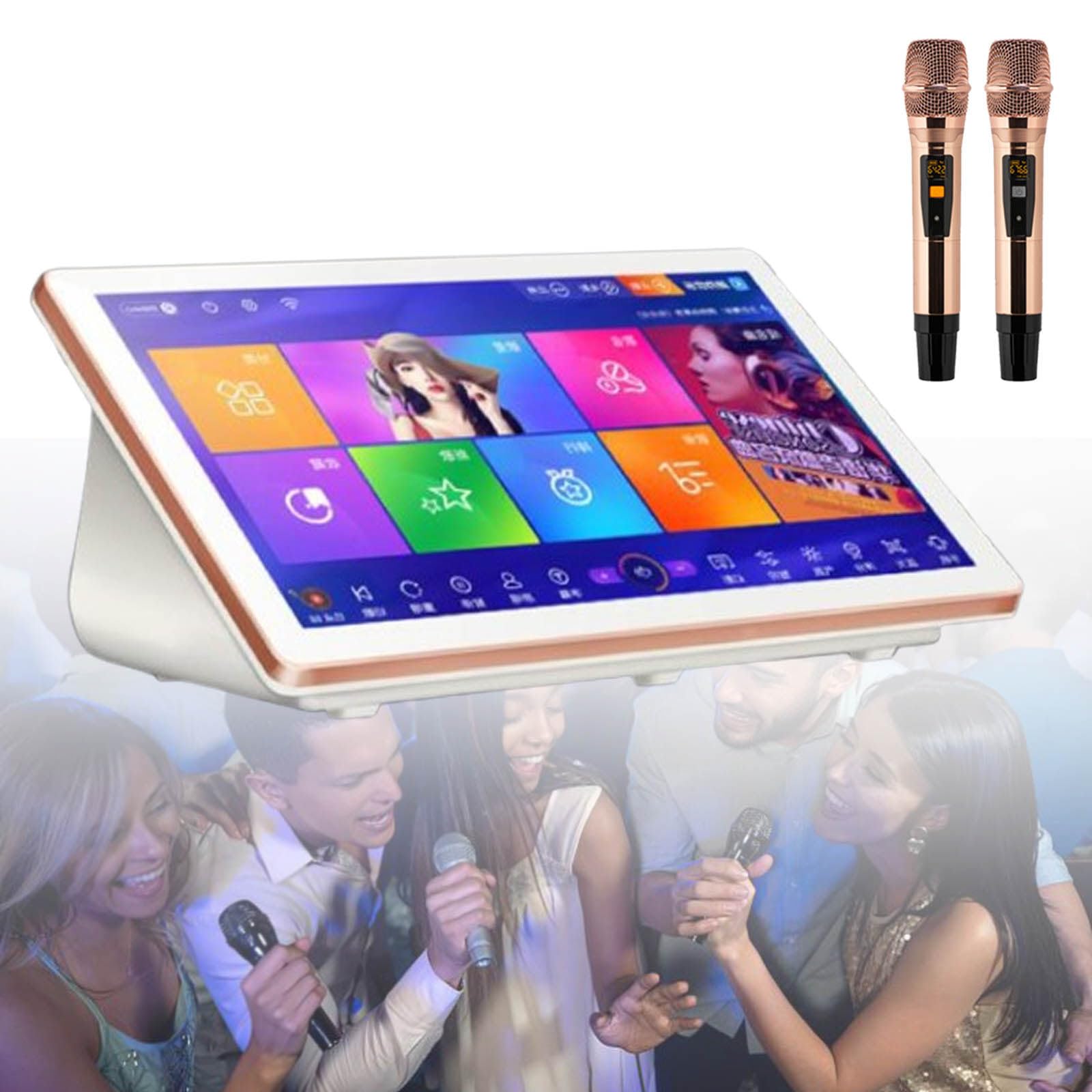 Macchina per karaoke, lettore karaoke KTV, touch screen da 18,5 pollici, telecomando per telefono e controllo tramite app, tutto in uno, macchina per karaoke con microfono wireless,White-1TB