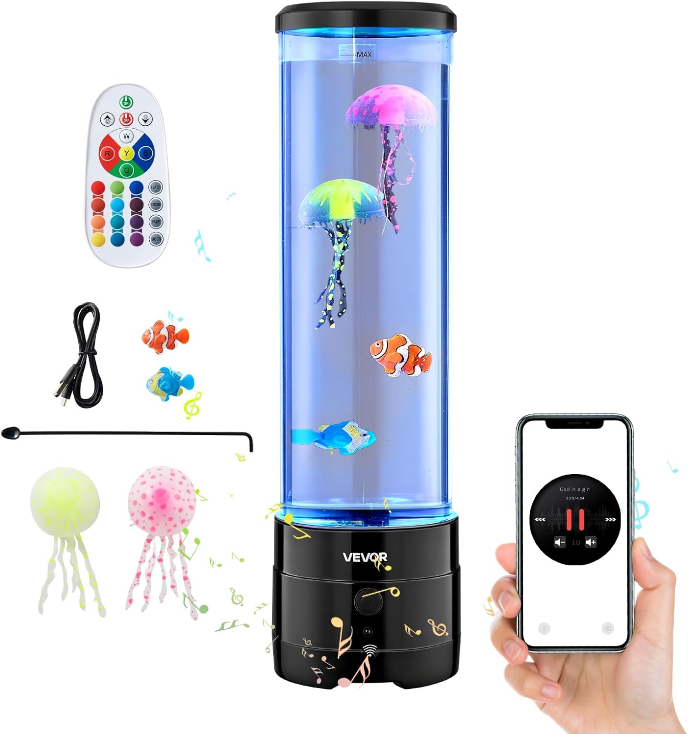 VEVOR Sensory Bubble Tube Lamp, 16 Color Changing Light Effects, Water Fish Lamp with Built-in Bluetooth Speaker & White Noise, Fake Aquarium Tank Night Light for Bedroom Living Room Home Decor